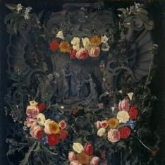 Guirnalda de flores con Santa Teresa de Jesús en Carmelitas Descalzas, Alba de Tormes