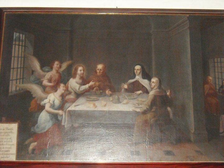 Cena de Jesús con San Pedro de Alcántara, Santa Teresa de Jesús y Santa Rosa de Viterbo asistidos por Ángeles